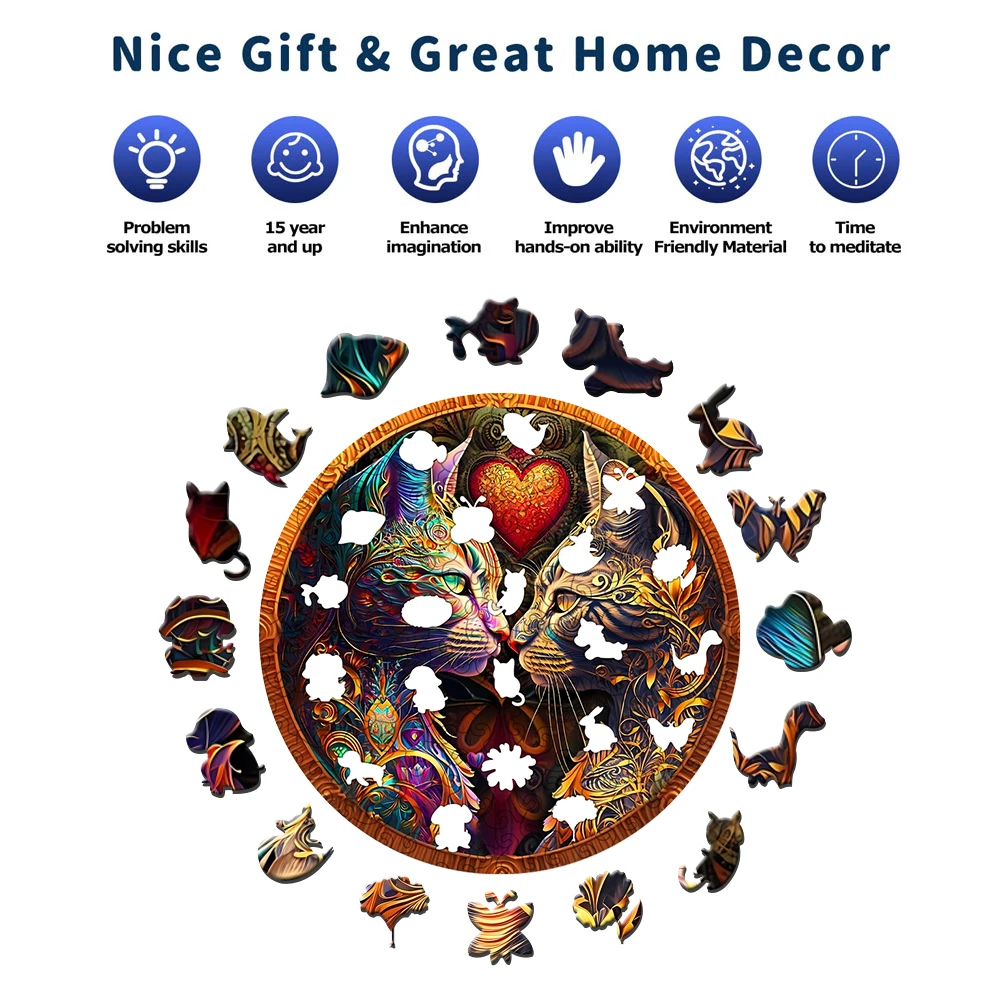 Colourful Cats Wooden Jigsaw Puzzles Art for Adults, Unique Animal Shaped Pieces Stress Relieve Toys, DIY Leisure Game