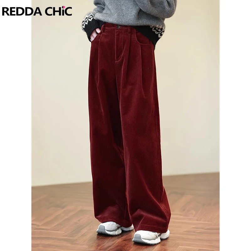 REDDACHiC Work Casual Solid Women Corduroy Pants Red Vintage Wide Leg Pleated Front High Rise Long Trousers Office Everyday Wear