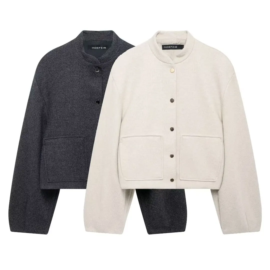 BWQ Women Autumn Winter Button Decorated Patch Pockets Soft Short Bomber Jacket Female Long Sleeve High Street Casual Coat