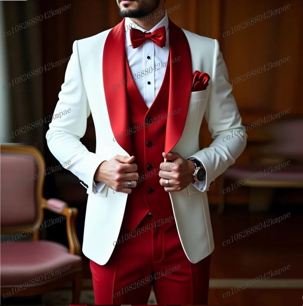

New White And Red Men Suit Formal Occasion Groom Groomsman Wedding Party Prom Male Tuxedos 3 Piece Set Blazer Vest Pants