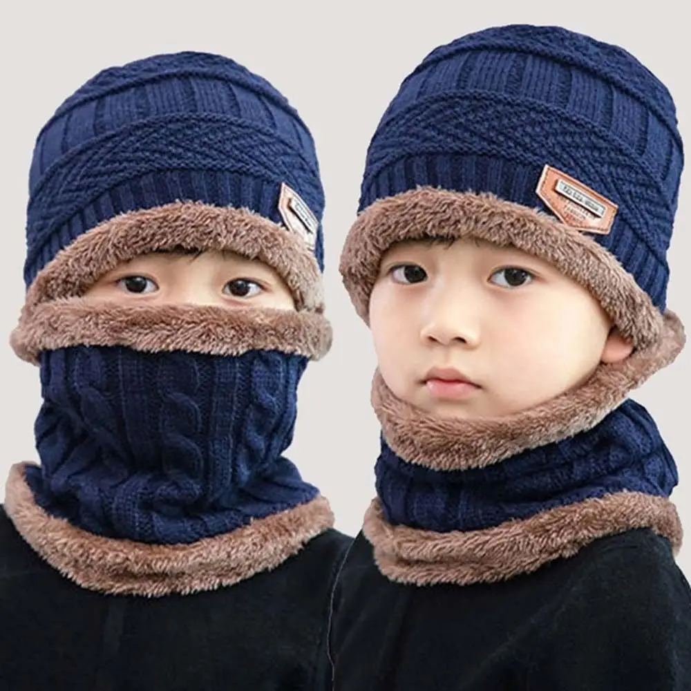 Outdoor Sports Neck Warmer Fleece Lined Circle Scarf Winter Knit Hats Boy Beanie Hat Kids Cap Scarf Set Hedging Hat Scarf Set