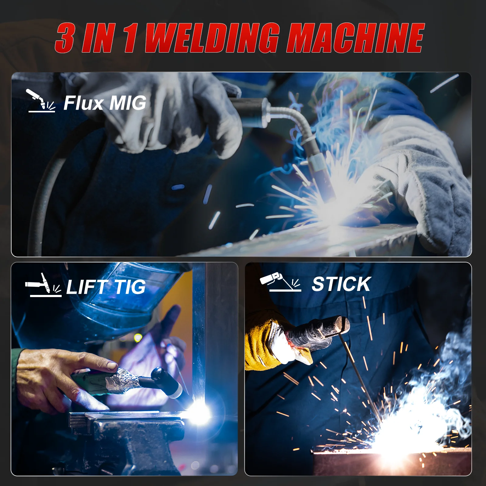 145A MIG Welder, 3 in 1 Flux Core/Lift TIG/Stick Welding Machine 110V IGBT Inverter Gasless Welder with Synergy Control