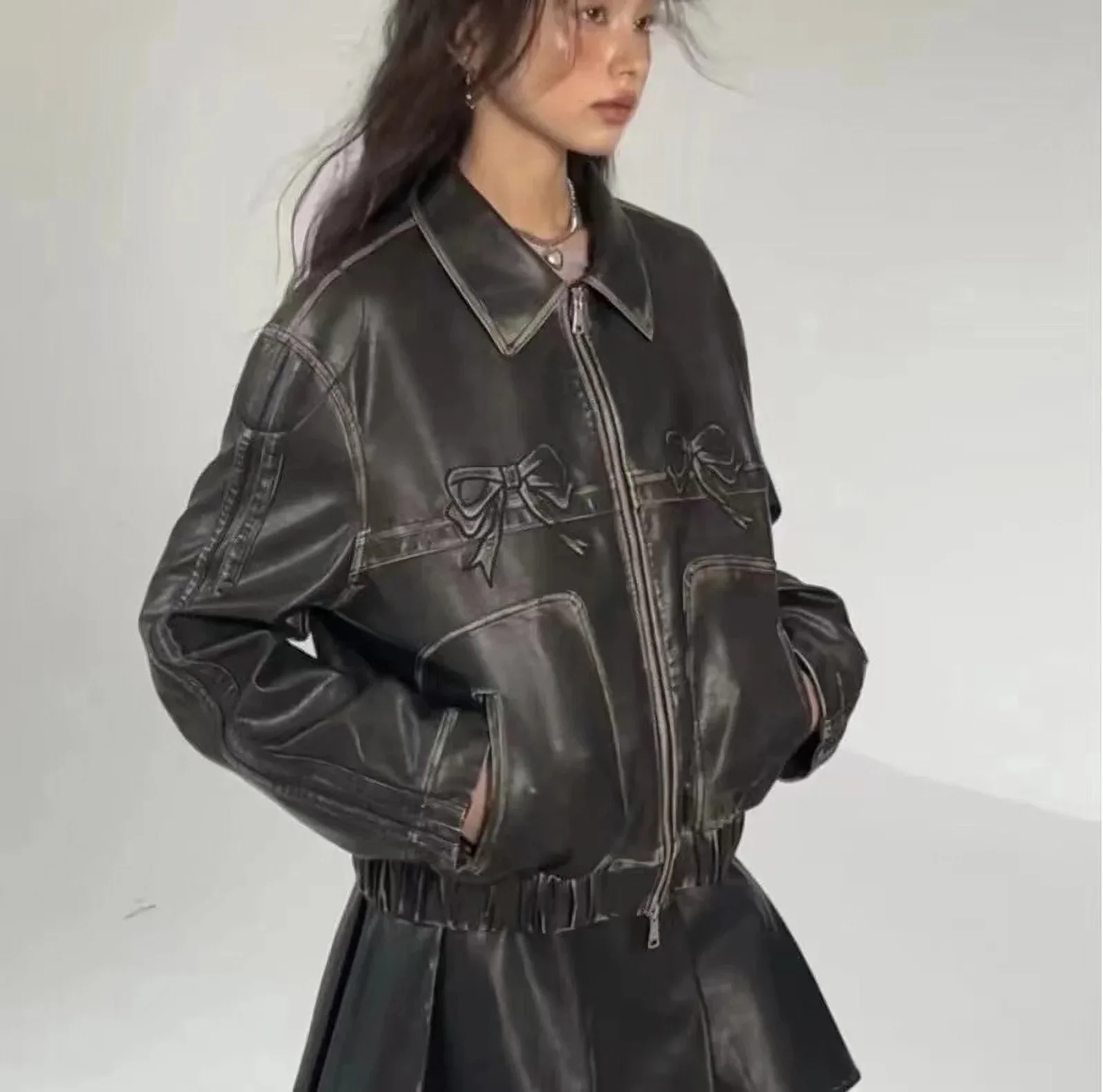 Blouson aviateur en cuir PU avec nœud papillon pour femme, streetwear, motard, vintage, mode coréenne