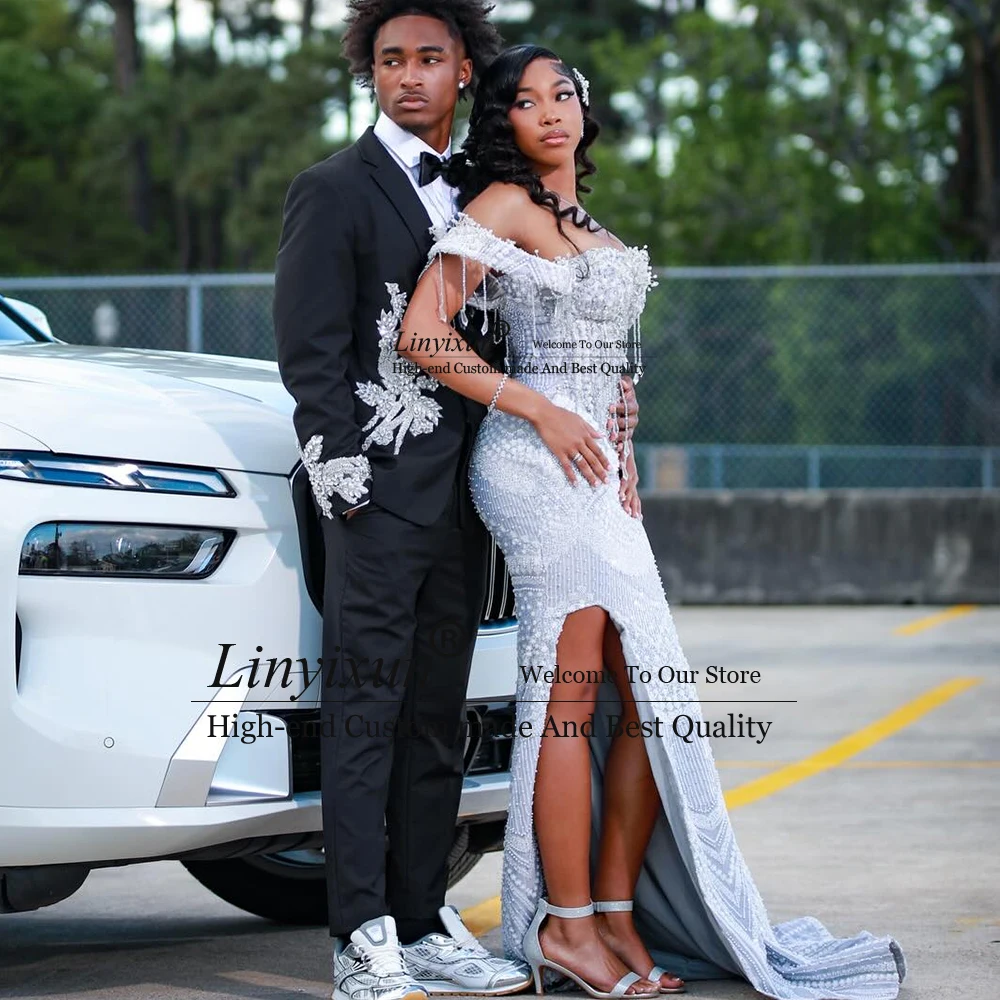 Vestidos de fiesta de cristal a la moda, con hombros descubiertos, abertura lateral, estilo sirena, para bodas y fiestas, 2026, personalizados, sin mangas, robe de soirée Dubái