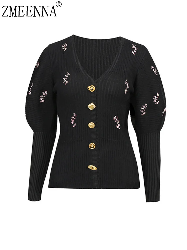 

ZMEENNA Womens Black Ribbed Knit Cardigan V Neck Golden Button Closure Long Puff Sleeve Floral Embroidery Sweater ZM4517