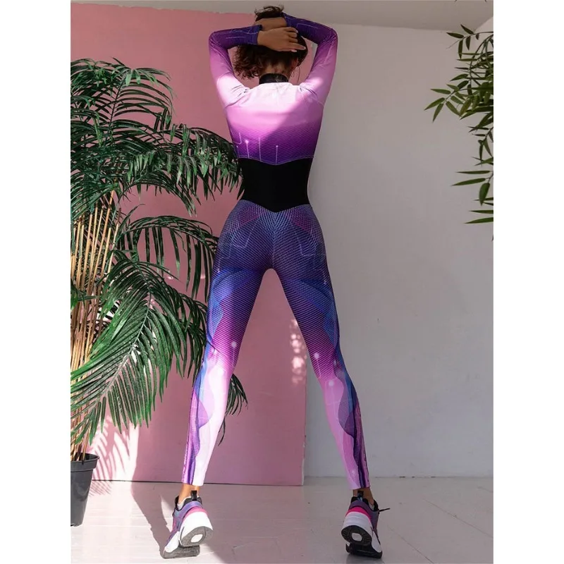 Krisnanas Purple Zipper Jumpsuits for Women 2026 New Spliced Slim Fit Long Sleeve Sweatpants Gym Clothes Sportwear 70288