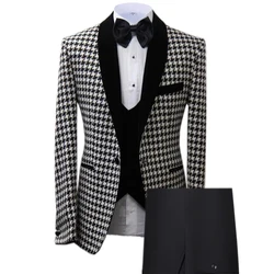 Houndstooth 3 Pieces Men Suit Slim Fit Formal Business Casual Suits For Male Wedding Groom Tuxedo Party Suit(Jacket+Pants+Vest )