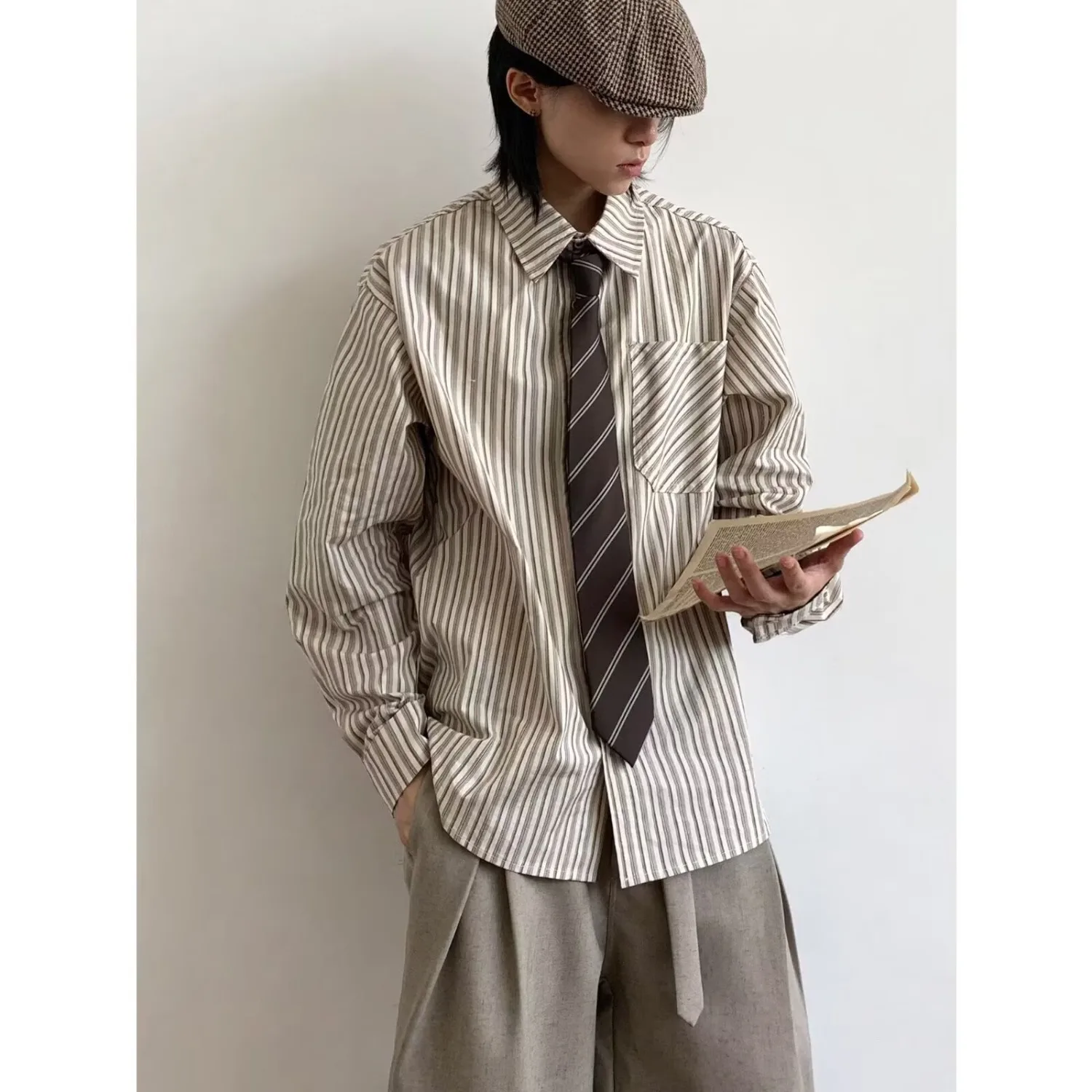 

Loose Casual Men's Long Sve irt Autumn Winter Large Size 250 Pou Hong Kong Sle Vertical Stripes College Sle Salt ...