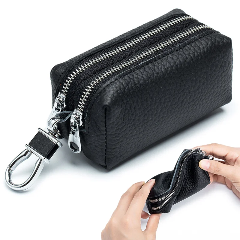 Made of Genuine Leather Car Key Wallets Fashion Key Holder Housekeeper Keys Organizer Double Zipper Keychain Case Key Coin Pouch