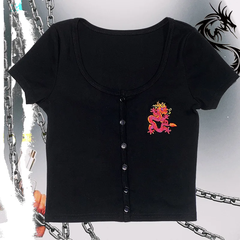 Y2K Chinesischer Drachen-Stickerei-Cardigan Kurzarm-T-Shirt Schlankmachendes Retro-Streetwear-Sommer-Oberteil für Damen