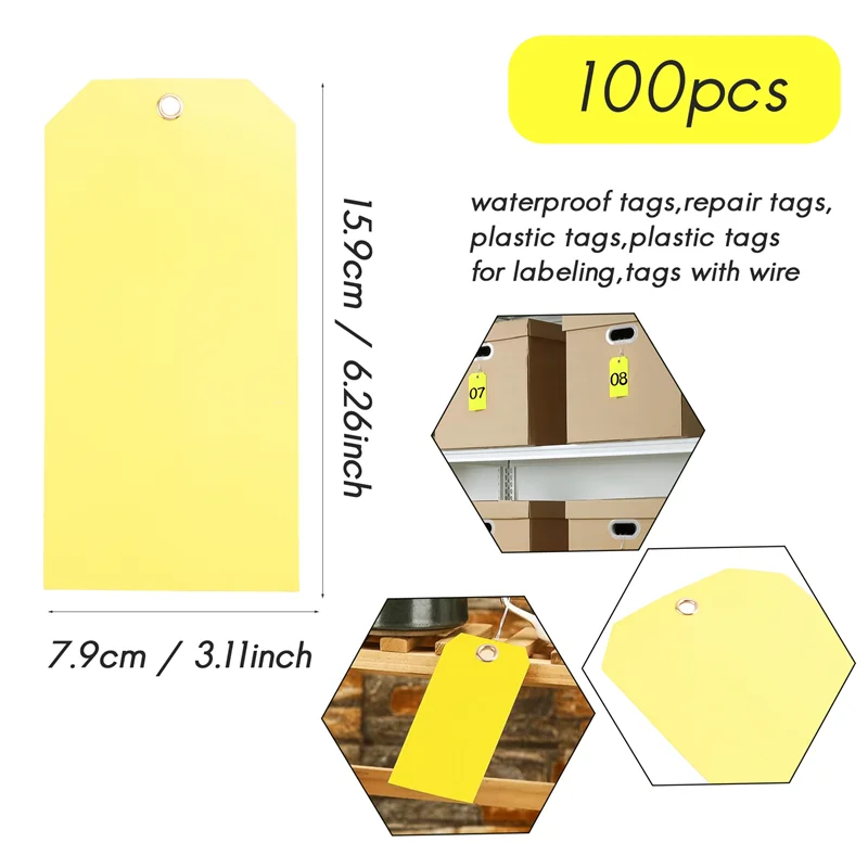 A34M-100Pcs 15.9Cmx7.9Cm Label Pengiriman Plastik dengan Kawat Tag Gantung Tahan Lama Yang Dapat Ditulis, Label Pengiriman untuk Peralatan Aksesori Otomatis