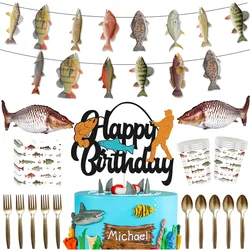 Fishing Cake Topper Men Happy Birthday Cake Decoration Fish Balloon Fisherman theme Boys Birthday Party Supplies Baby Shower
