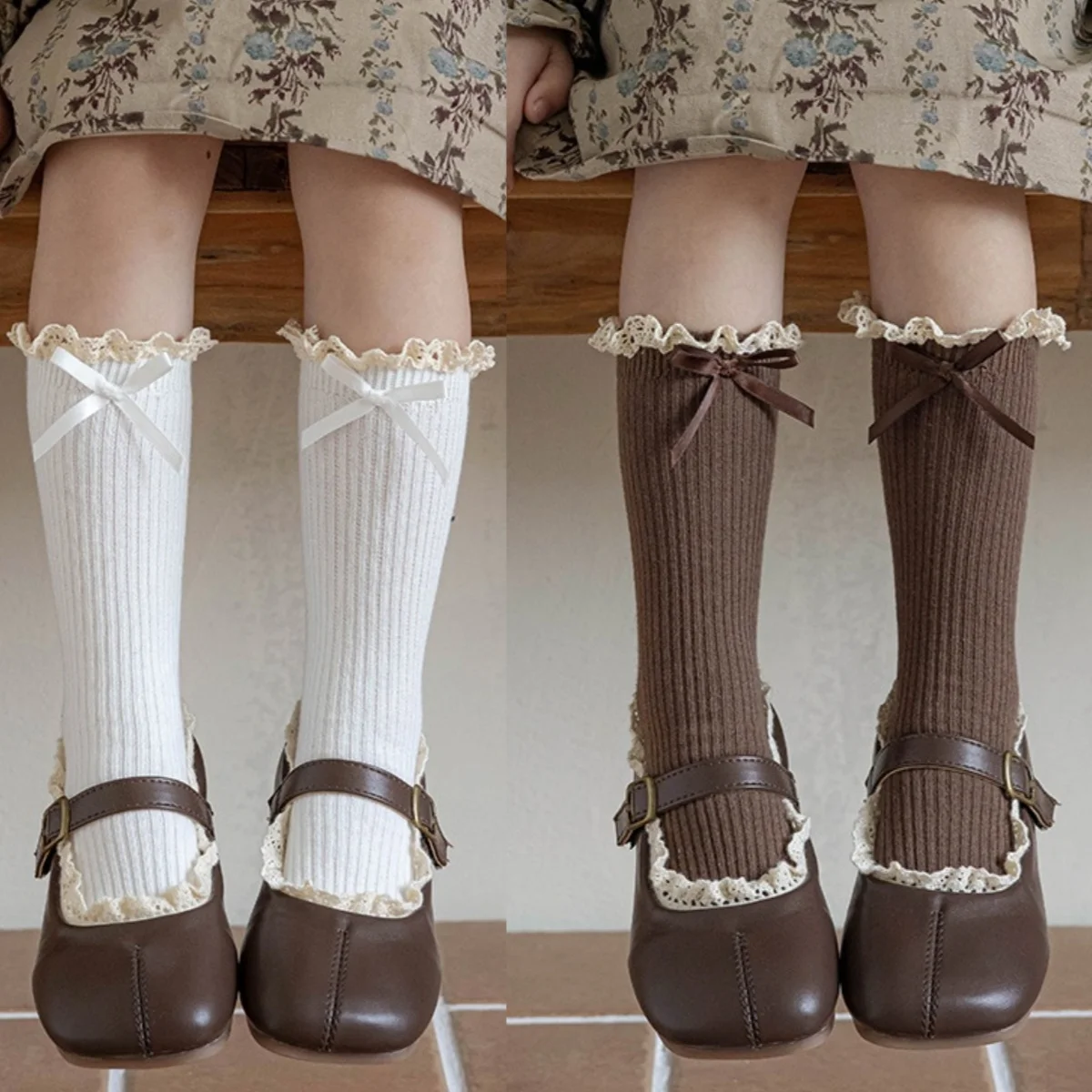 New Spring 1 Pairs Korean Baby Girls Knee High Socks Children Socks Cotton Lace Bow Stuff Princess Ruffle Kids Socks for 0-8Year