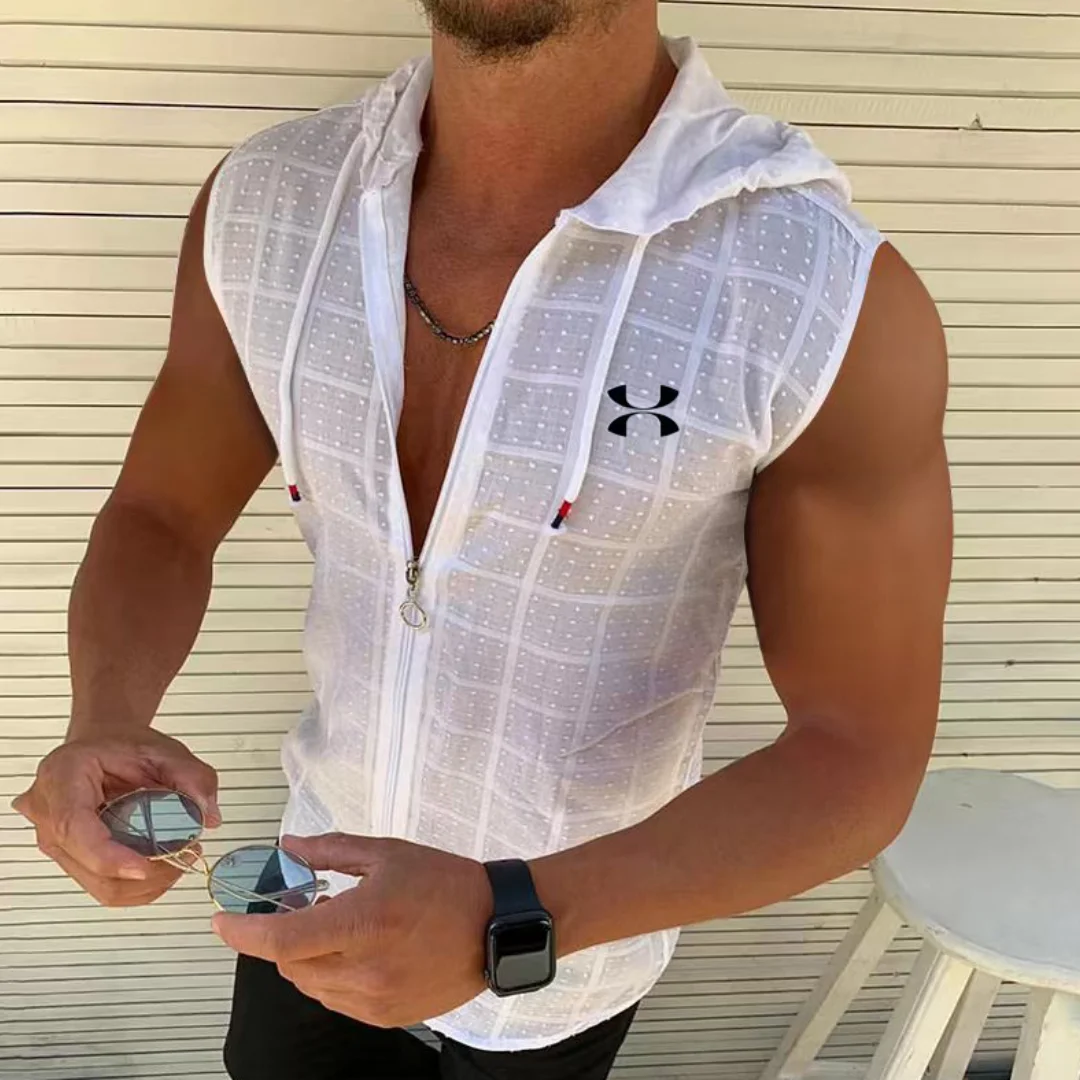 

2025 New Men's Summer Beach Style Sleeveless Zippered Hooded T-Shirt Casual Beach Cover-Up Hooded Fashion Beach Sun Protection C