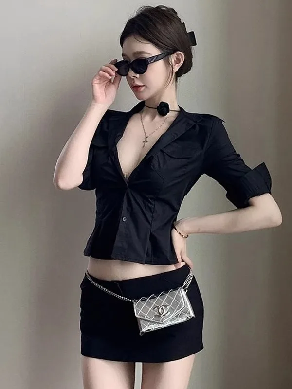 

Elegant Black Shirt And Skirt Set Women's V-Neck Waist-Cinched Top Summer Fashion Two-Piece Suit Button Closure Flip Collar