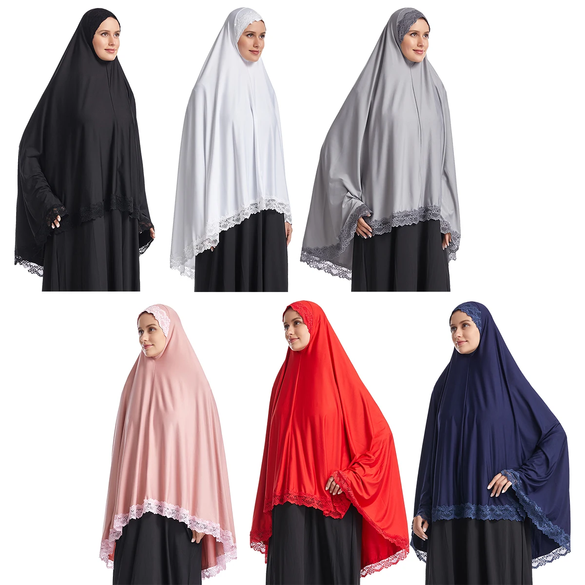 Women Muslim Prayer Long Khimar Lace Trim Stretchy Hijab Islamic Veils Headcover Dubai Turk Hijabi Head Cover (No Under Dress)