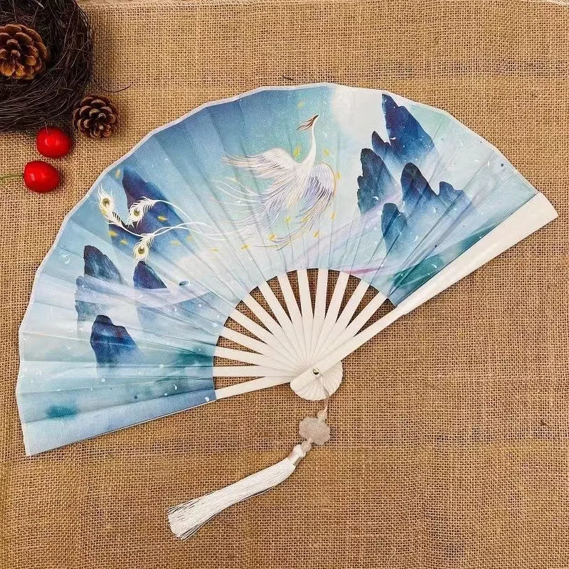 Chinese Style Folding Fan Classical Dancing Cloth Hand Fan Vintage Animal Dragon Printing Fans Photo Props Cosplay Decoration