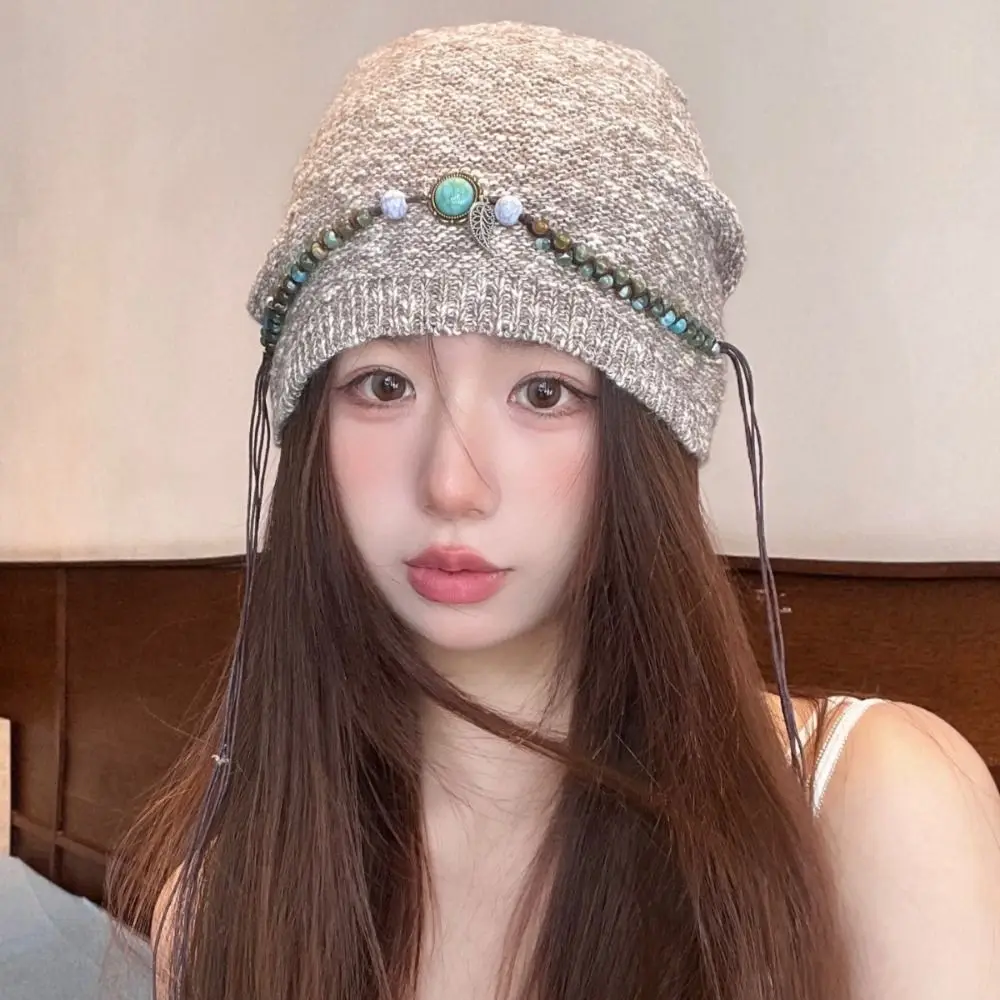 

Casual Ethnic Style Bohemian Beanies Hat Keep Warm Coldproof Knitted Pullover Hat Solid Color Polyester Beaded Fringed Cap Girls