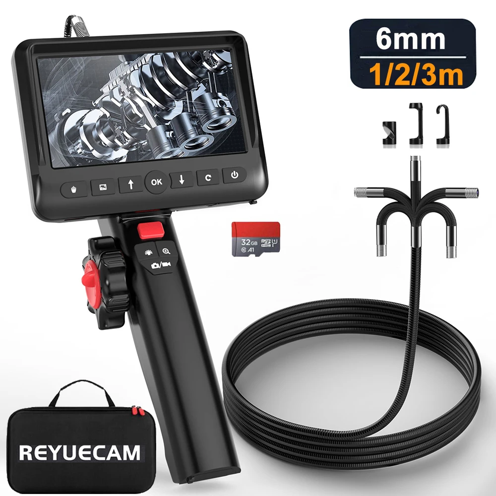 REYUECAM 6mm Articulating Endoscope Camera 2 Way 210 Degree Steering Industrial Borescope 8 Leds 32GB