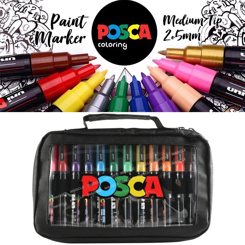 Uni Posca Color Acrylic Marker Set,School Stationery Art Supplies 1M/3M/5M Permanent POP Poster Graffiti Pen with Storage Bag