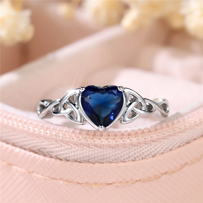 Cute Female Blue Zircon Stone Heart Engagement Ring Silver Color Wedding Jewelry For Women