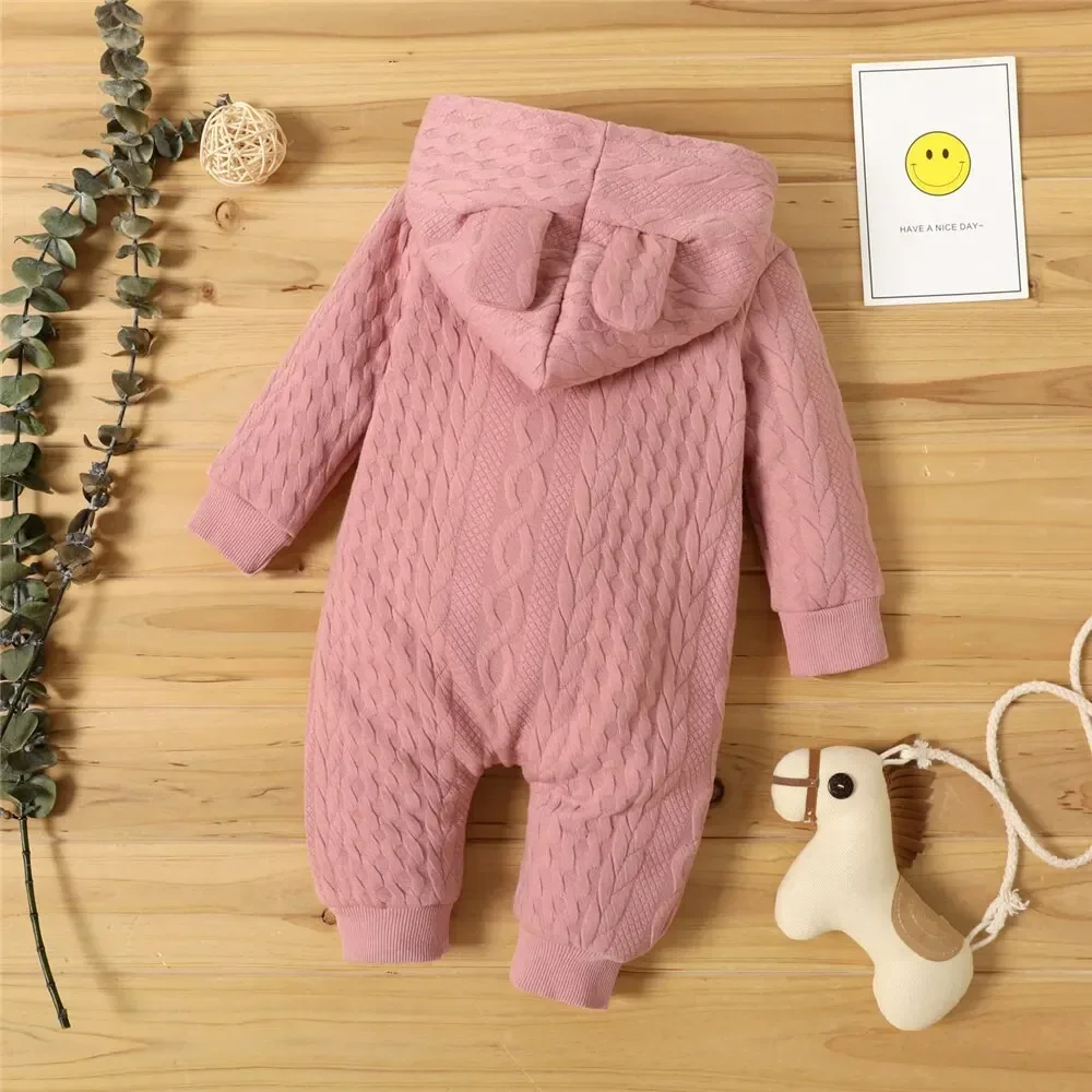 0-18 Months Newborn Baby Boy Girl Bodysuit Solid Color Hoodie Long Sleeve Romper Autumn&Winter Warm Jumpsuit Clothes For Baby