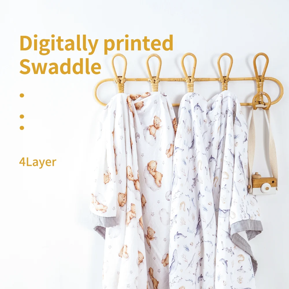 HappyFlute 110x120CM Bamboo Cotton Muslin Swaddle Soft Digital Print 4-Layered Comfortable Blanket for Baby Four Season Use