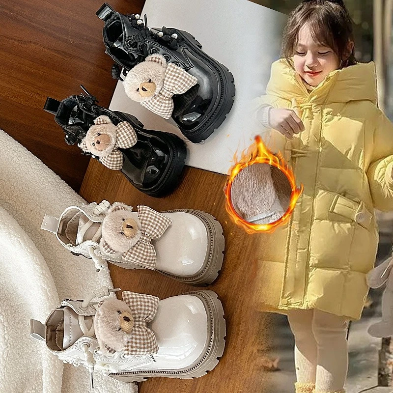 

Детские кожаные ботинки с круглым носком и милыми медведями, детские ботильоны принцессы на мягкой подошве, осень-зима 2022, повседневные короткие ботинки для девочек