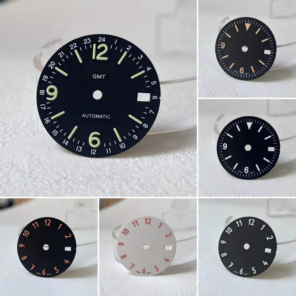 Esfera de reloj de piloto GMT con logotipo S de 28,5 mm, escala numérica de 24 horas, placa frontal para movimiento NH34 NH35, modificación de fecha a las 3 en punto