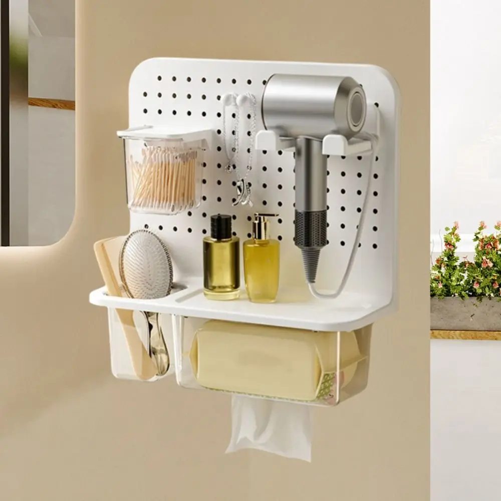 

Plastic Hair Dryer Rack Punch Free Wall Mounted Key Tissue Holder Large Capacity Space Saving Pegboard Organizer Bathroom