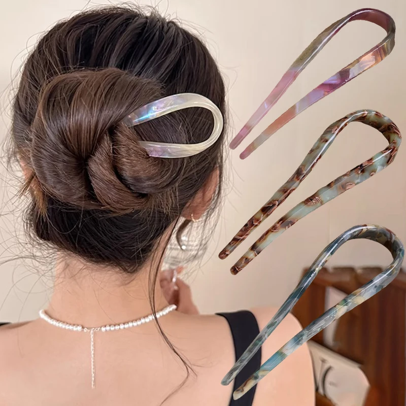 U-Shaped Hair Sticks Acetate Acrylic Hair Fork Hair Clips Fashion Bow Hairpin Geometric Headwear Women Girls Hair Accessories - view 2