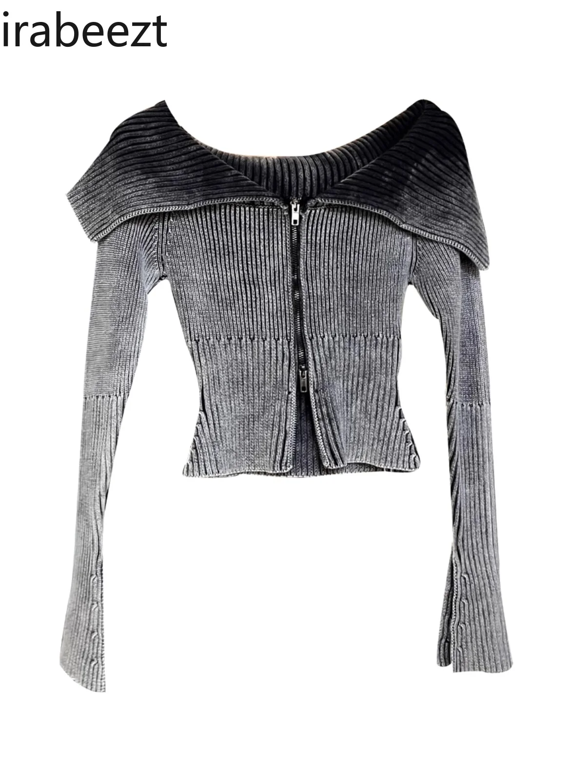 One-shoulder Navy Collar Short Double Zipper Knitted Cardigan for Women Autumn Inner Layering Top Gradient Long-sleeved Sweater