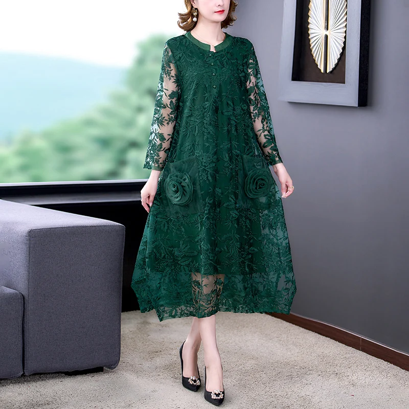 Women Red Natural Silk Embroidery Midi Dress Spring Autumn Mesh Hollow Out Sexy Dress 2024 Korean Elegant Bodycon Casual Dress