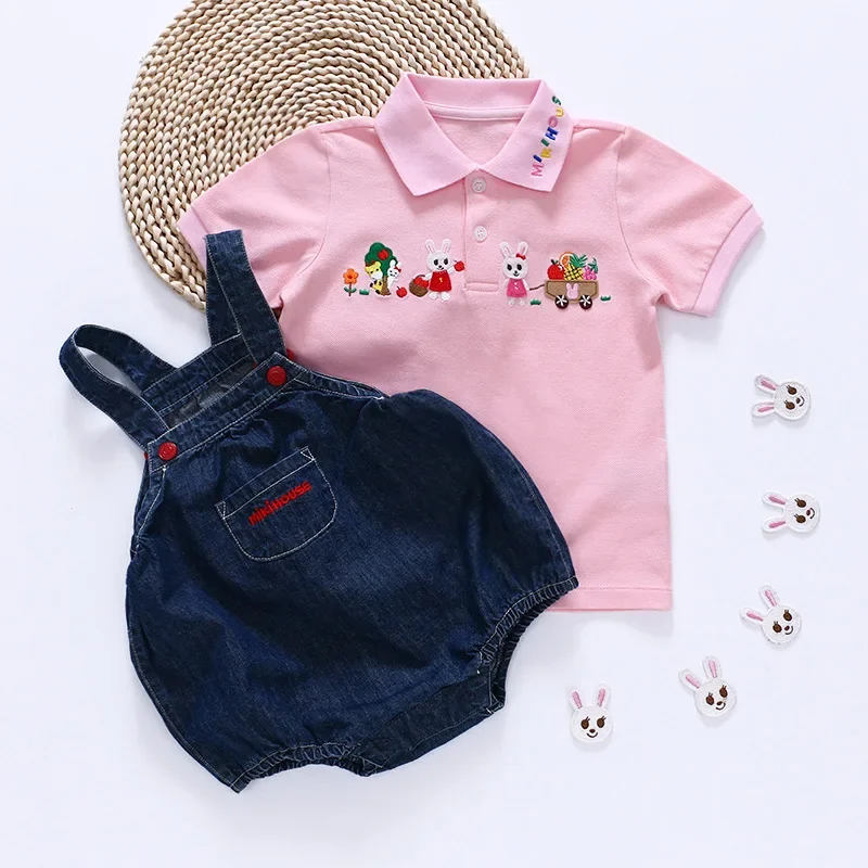 Summer 2023 New Girl Cartoon Garden Bunny Short Sleeve T-shirt Polo Shirt Kids Top