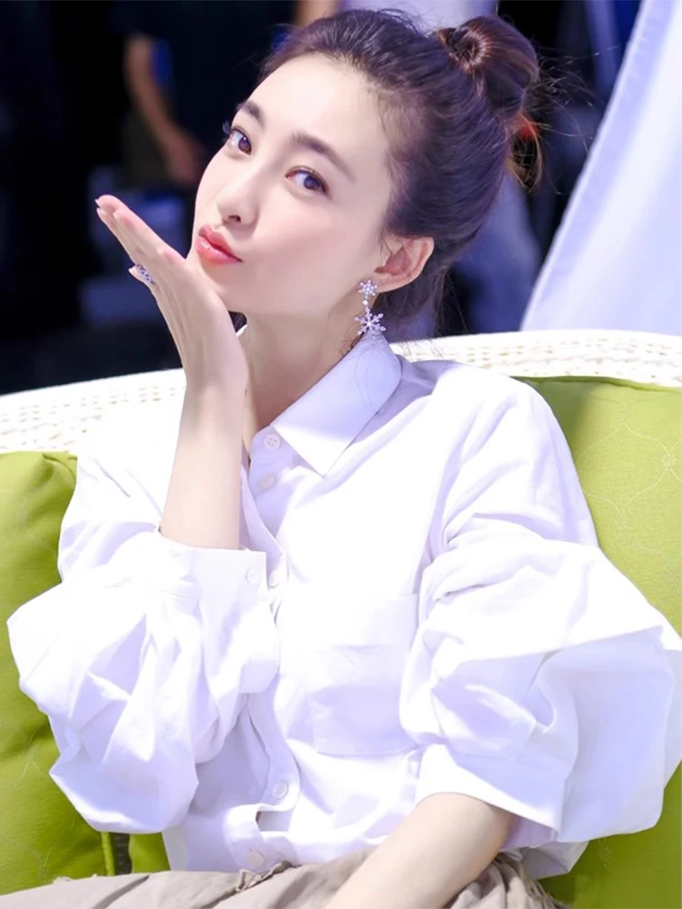 

White Women's Shirt Spring Autumn Layering Inner Wear Loose Meat Covering Top Court Style Lantern Sleeve Blouse Winter
