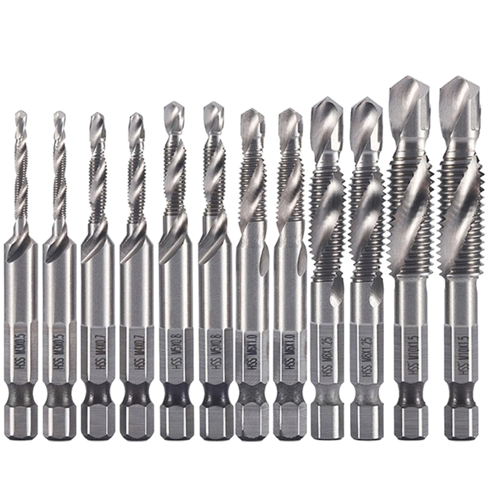 Rosca Metric Tap Drill Bits Grupo Hex Shank Parafuso Hss Torneira Composta Ferramenta de Mão m5 m6 m8 M10 12 Pcs