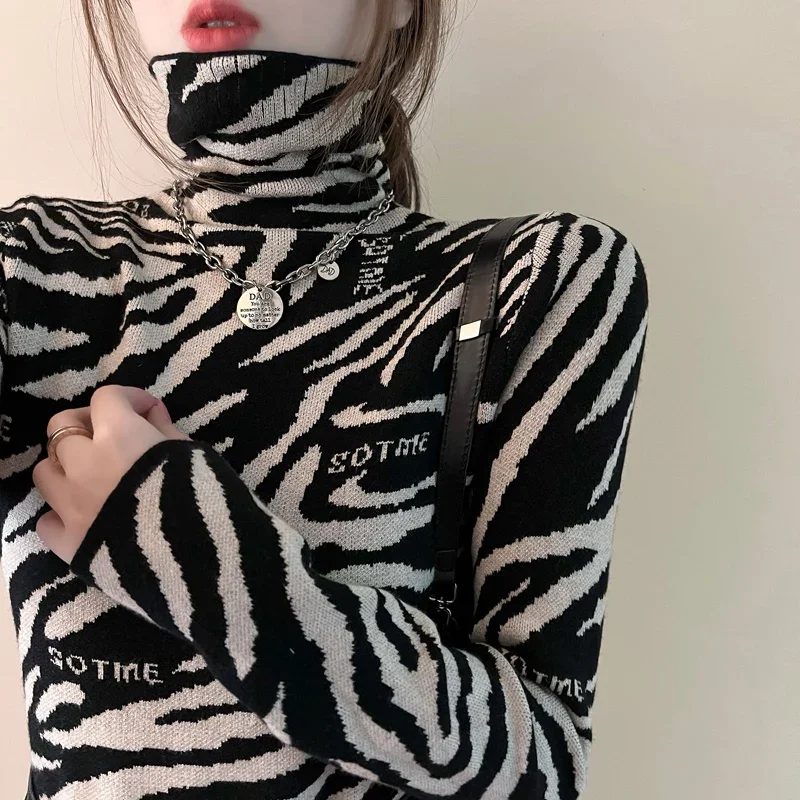 DAYIFUN-Women's Leopard Print Turtleneck Pullovers Knitted Sweaters Pile-Collar Bottoming Shirt Vintage Spring Autumn Jumpers