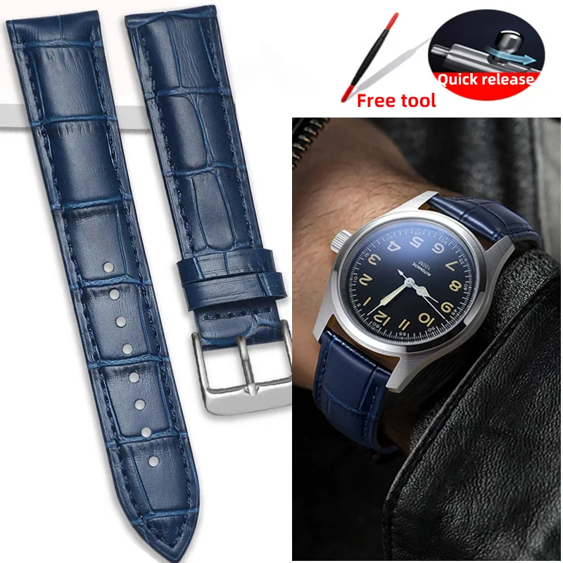 blue Light brown White Genuine Leather Watch Strap First layer Cowhide Watchband 12/14/16/18/20/22/24mm With Steel pin Buckle
