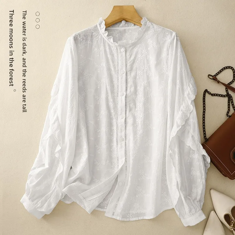 

Elegant Stand Collar Embroidered Shirt Women's Spring Autumn High Quality Heavy Work Lace Sleeve Cotton Blend Business Casual...