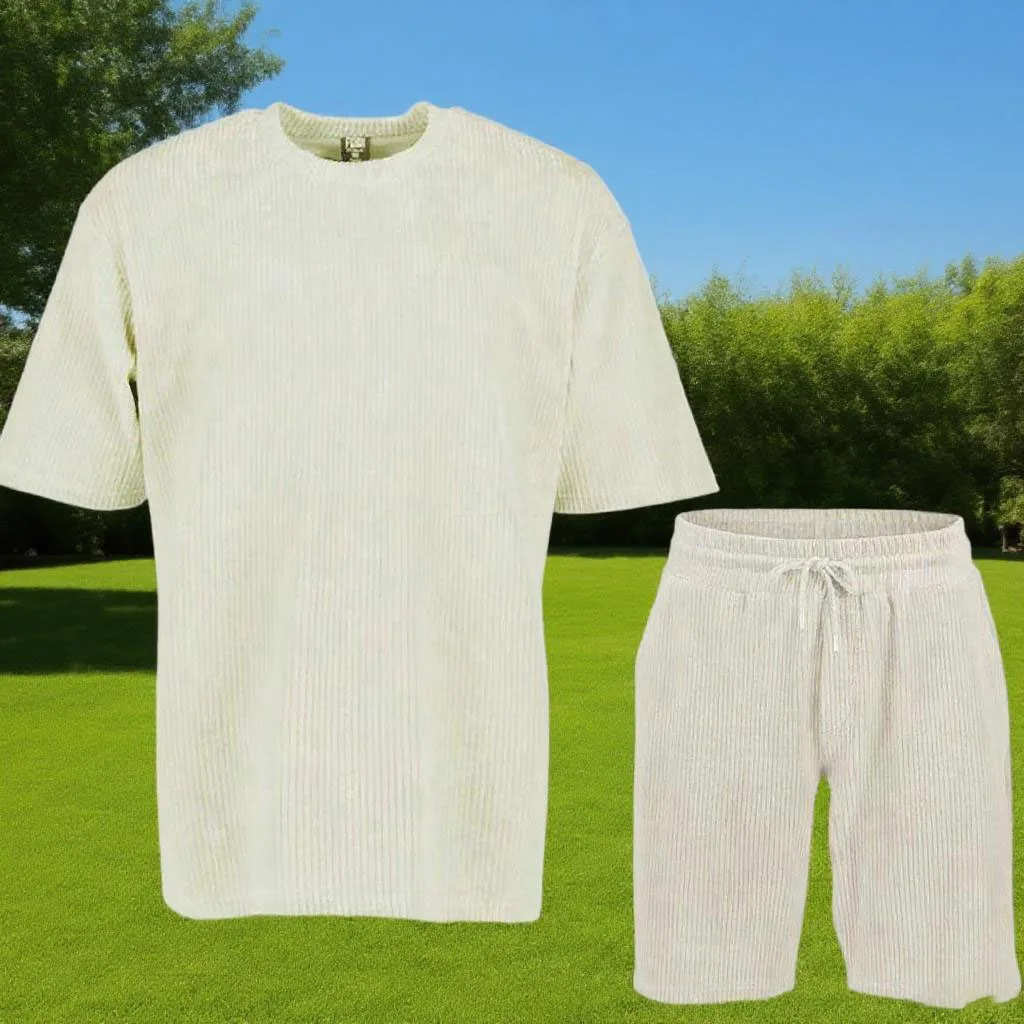 

Men's New Fashion Summer Striped Suit Loose Crew Neck Short-sleeved T-shirt And Shorts Solid Color Sports Casual Two-piece Set