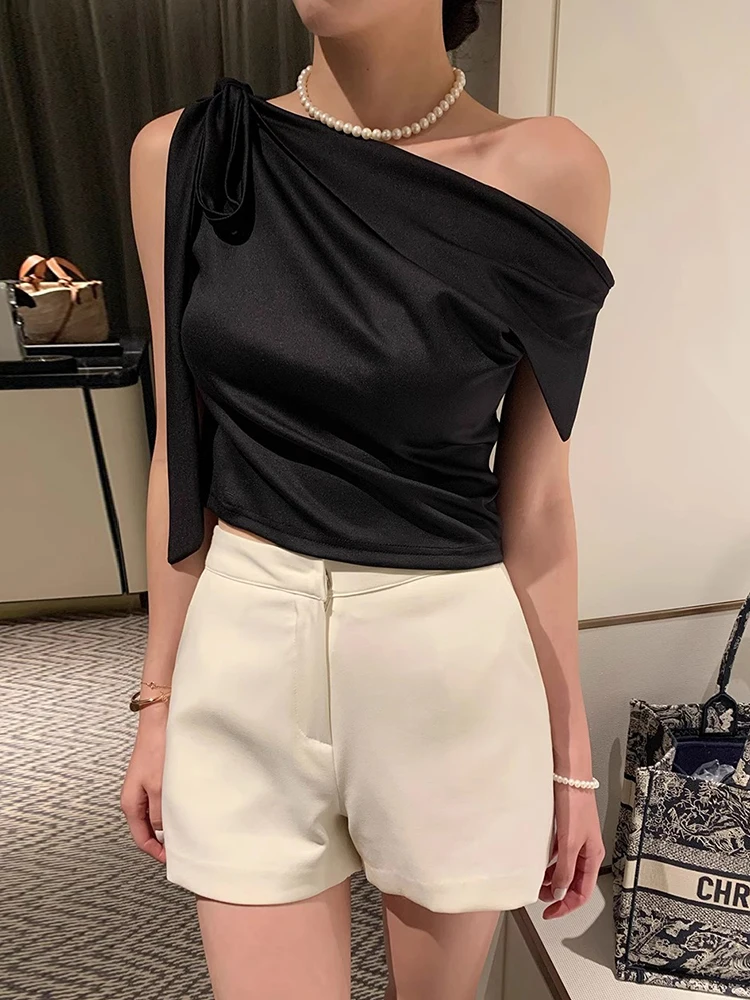 Korejpaa Korean Fashion Summer Shirts Elegant Slanted Collar Off Shoulder Strap Bow Tie Versatile Slimming Vest Shirt Top