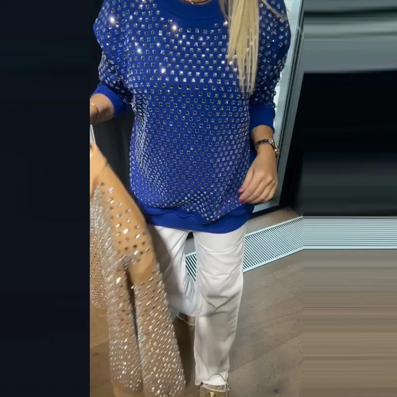 

Модная повседневная толстовка с камнями для женщин, весна-осень 2026, новая свободная модель с длинными рукавами, круглым вырезом, блестящий пуловер