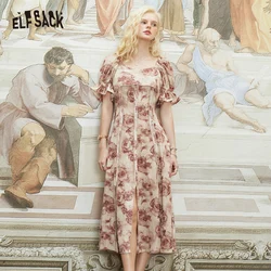 ELFSACK Vintage Floral Dresses Women 2023 Spring/Summer Short Sleeve Daily Dress