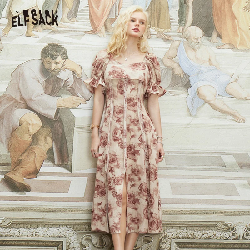 ELFSACK Vintage Floral Dresses Women 2023 Spring/Summer Short Sleeve Daily Dress