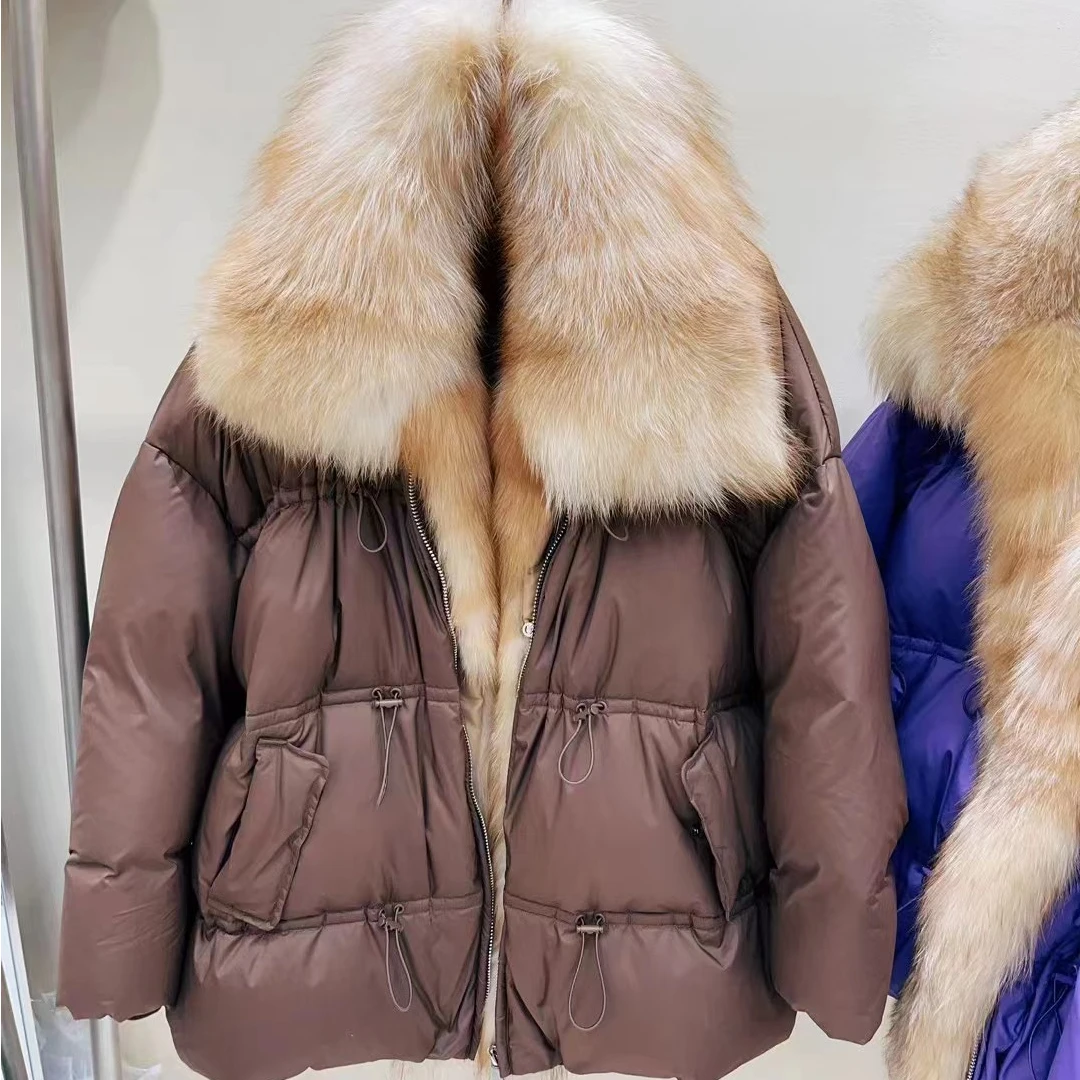 MENINA BONITA 2023 New Fashion Real Fox Fur Big Collar Winter Jacket Women Natural Warm Duck Down Coat Loose Luxury Outerwear