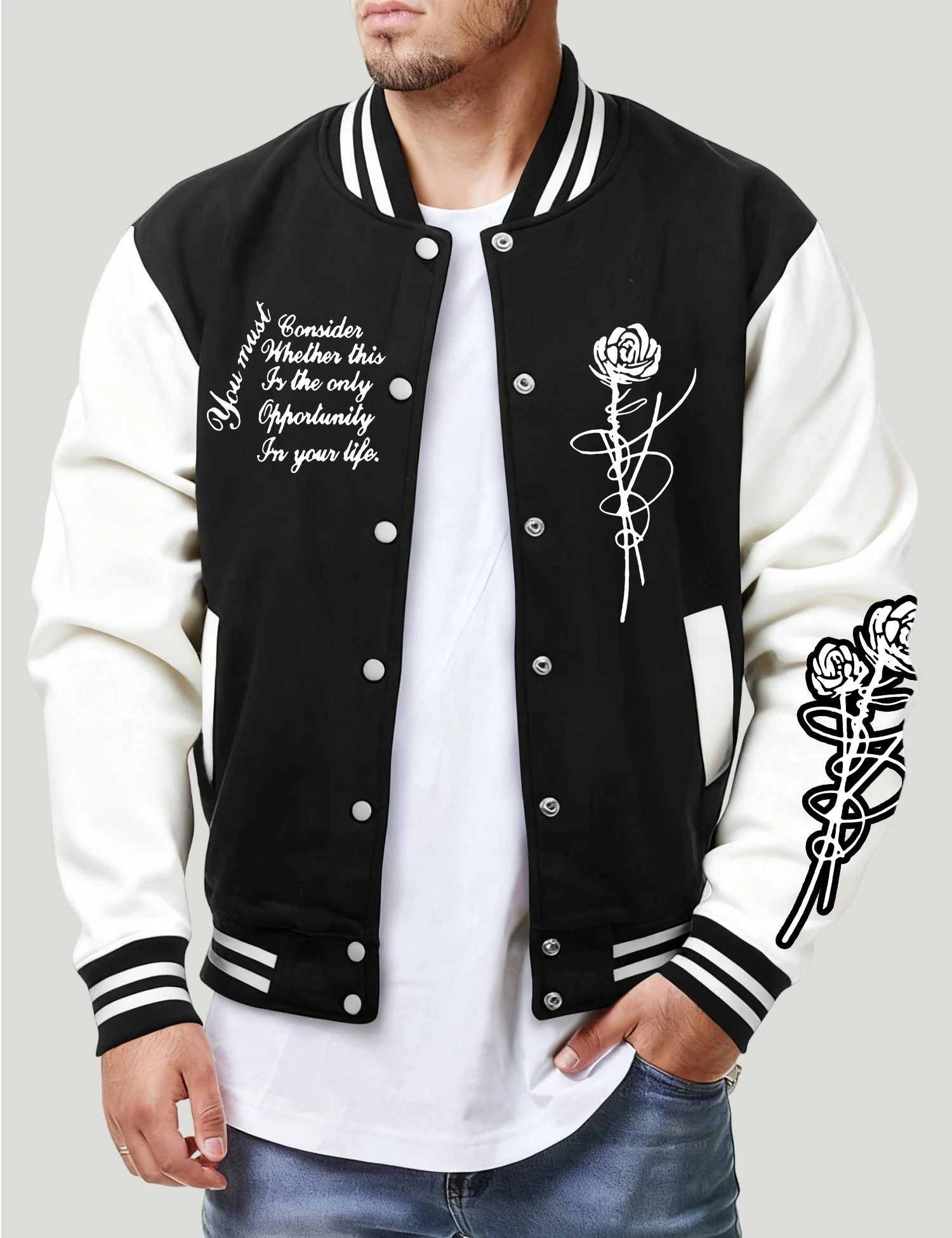 

Wrapped Roses And Artistic Words Print Streetwear Men Retro Jacket All-Match Fashion Loose Pocket Coat Unisex Baseball Jersey