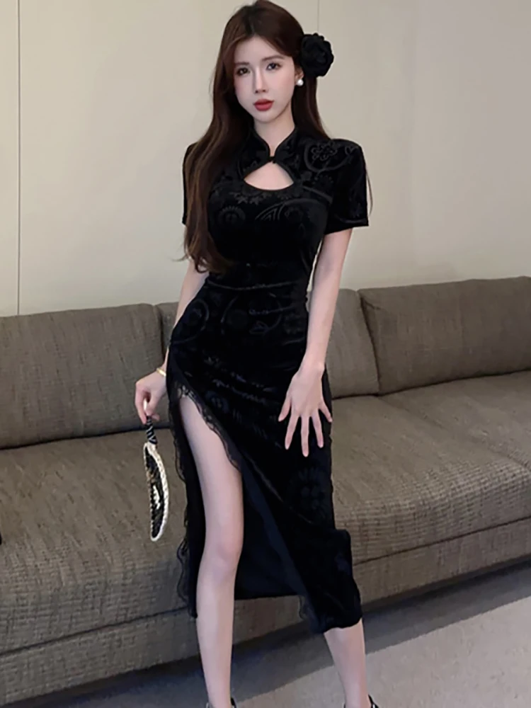 

Летнее черное жаккардовое платье с коротким рукавом и воротником-стойкой, женское элегантное шикарное длинное платье с кружевным разрезом, корейское винтажное платье в стиле Хепберн 2026