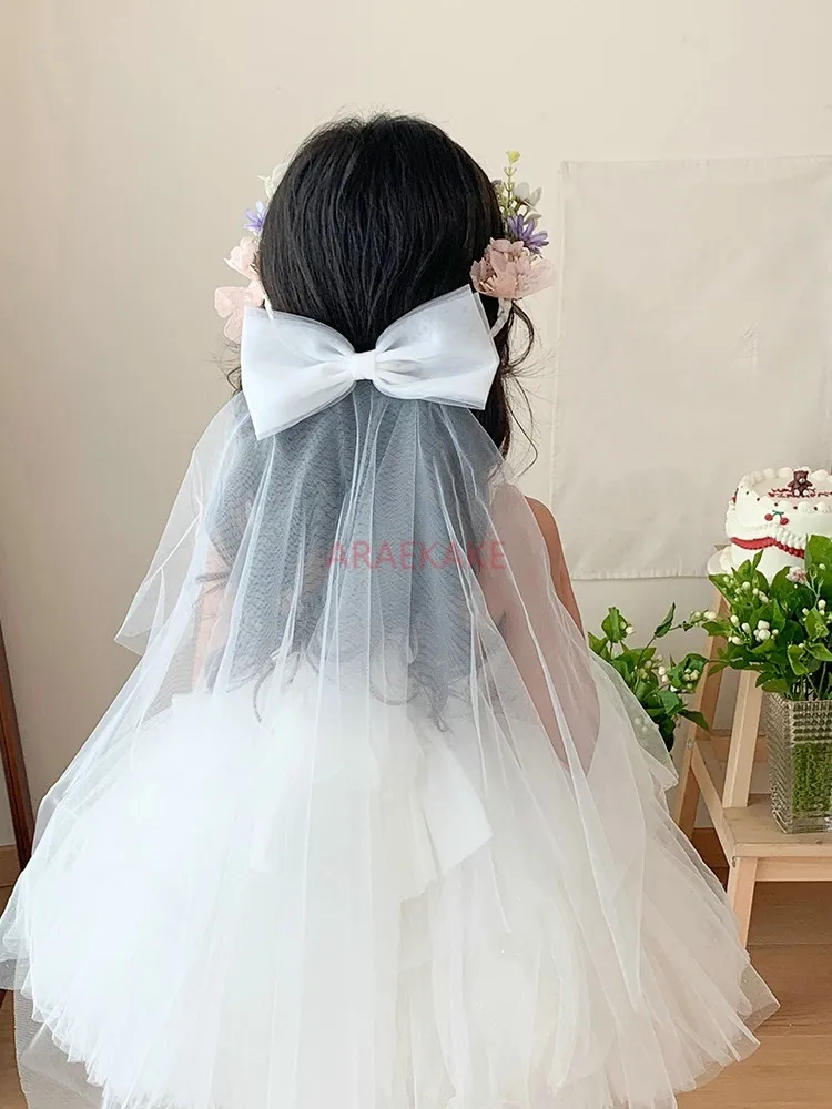 1pcs Flower wreath headband, children's white mesh, bow headband, flower girl braided hair headband image 2