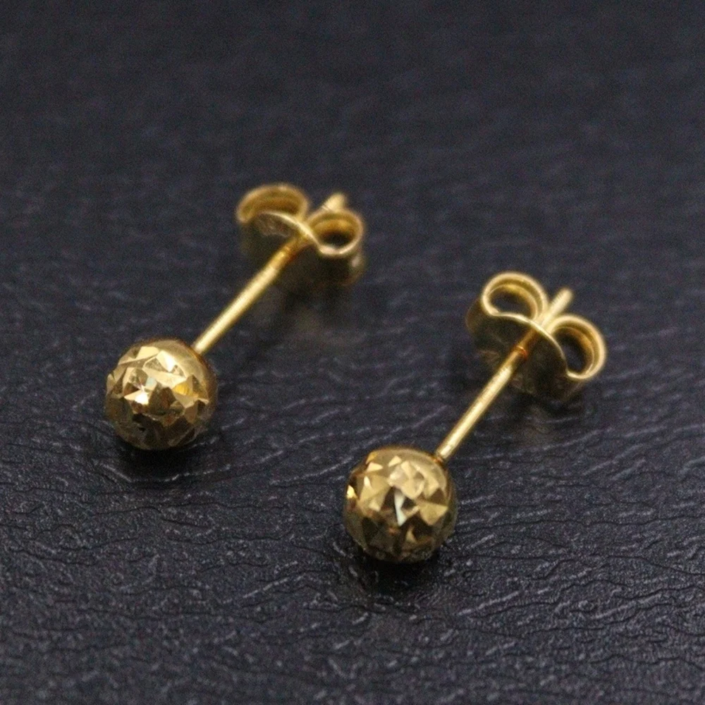 

Real Pure 18K Yellow Gold Stud Women Gift Lucky 5mm Carved Beads Earrings 1.05g