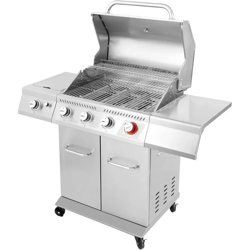 4-Burner Propane Gas Grill with Side Burner, Stainless Steel Grill Cooking Power forPatio Garden Picnic Backyard Grilling,Silver